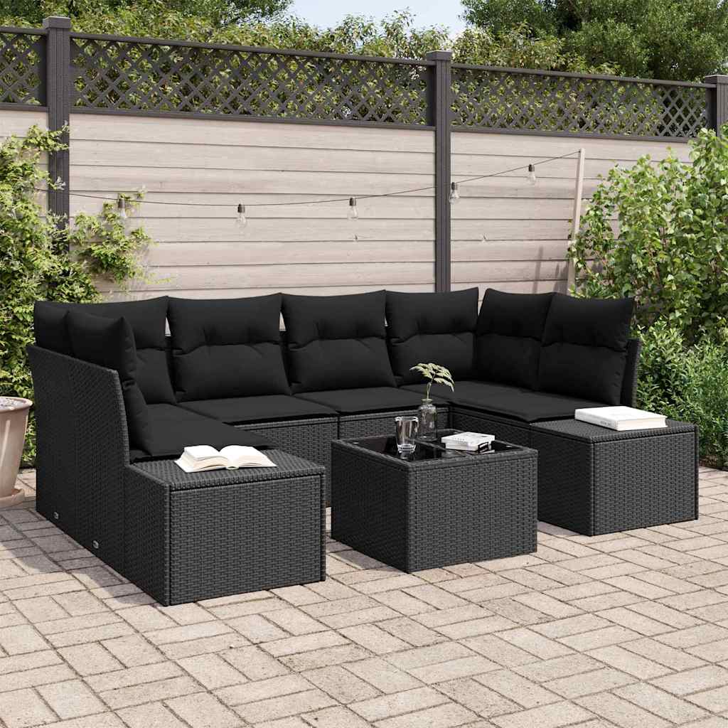 7 Piece Sofa Set with Cushions Black Poly Rattan