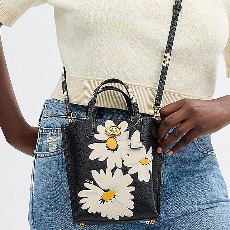 Coach Willow 18 Floral Print Polished Pebbled Leather Handbag Small Women's Black Multicolor