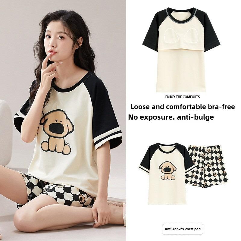 

Высококачественная хлопковая пижама с нагрудными накладками для женщин с принтом медведя, собаки, свиньи, шорты с короткими рукавами, дышащая одежда для сна для женщин M