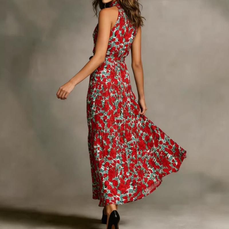 European and American Summer Long Dress New Bohemian Vacation Print Neck Sleeveless Long Dress