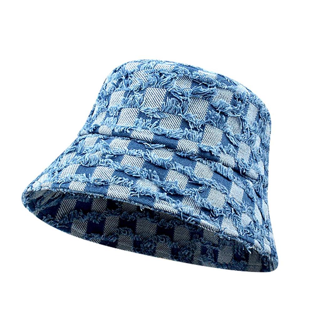 Popular Checked Plaid Denim Bucket Hat For Women Summer Tropical Beach Panama Bob Caps Outdoor Sunshade Fisherman Hat TravelGift