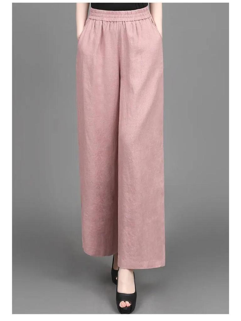 Women's 2025 Summer Cotton Linen Wide-Leg Pants - Simple, Casual, Thin, Loose, Elastic High Waist