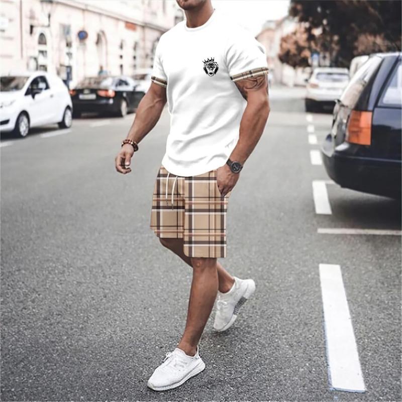 Vacanza estiva Set T-shirt da uomo Stampa 3D Tinta unita Uomo Maglietta a maniche corte Girocollo Pantaloncini Set due pezzi Abiti casual da uomo Abbigliamento