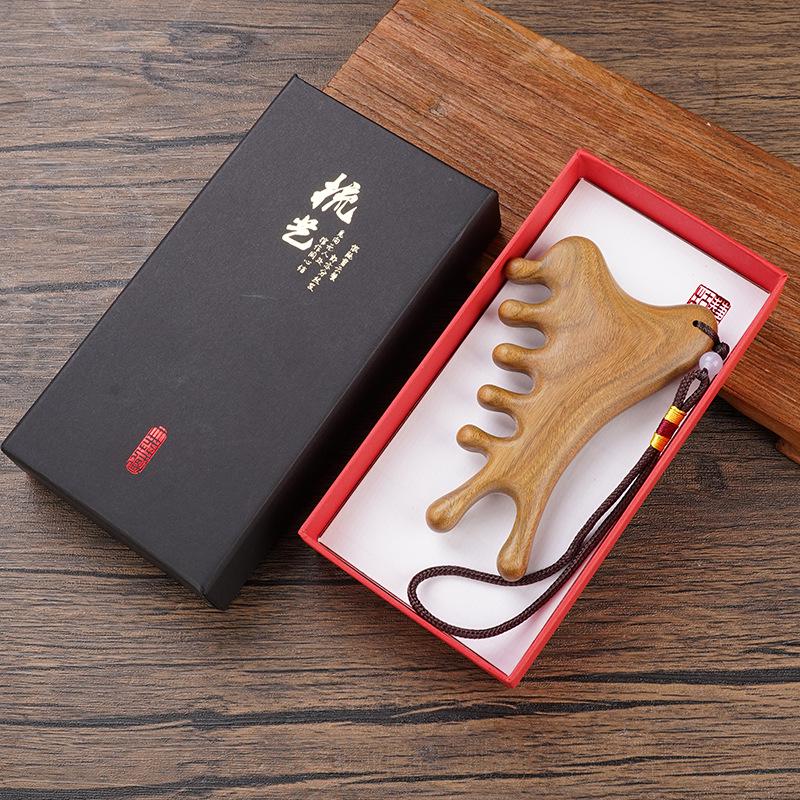 Green Ebony Gold Thread Sandalwood Multifunctional Comb for Scalp Massage and Head Meridian Relaxation