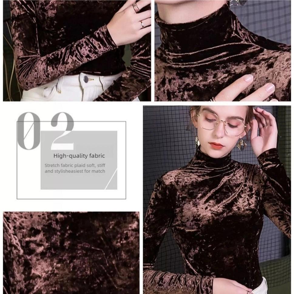 Autumn Winter Women's Velvet Turtleneck Base Shirt Slim Fit Diamond Velvet Long Sleeve T-Shirt Solid Color Stretch Pullover Top