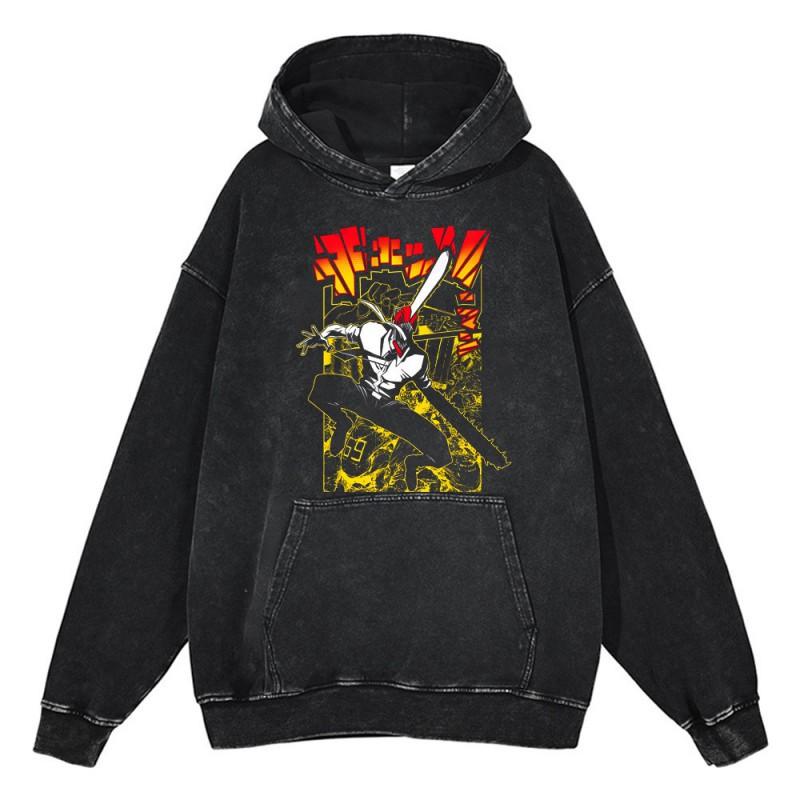 Heavyweight 440g Washed Vintage Denim-Style Anime Hoodie Men Streetwear Casual Sweatshirt
