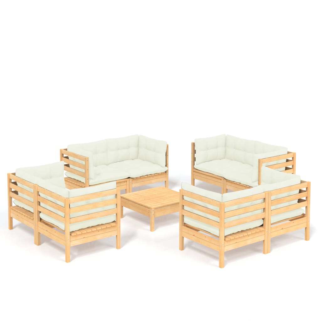 Vidaxl 9-Cz. Garden Lounge Set, Cream Cushions, Pine
