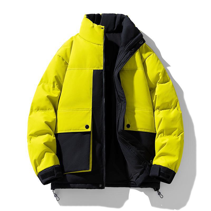 

Unisex Winter Workwear Down Jacket: Color Block Patchwork, Thick & Warm Stand Collar Coat 2XL чорний/жовтий