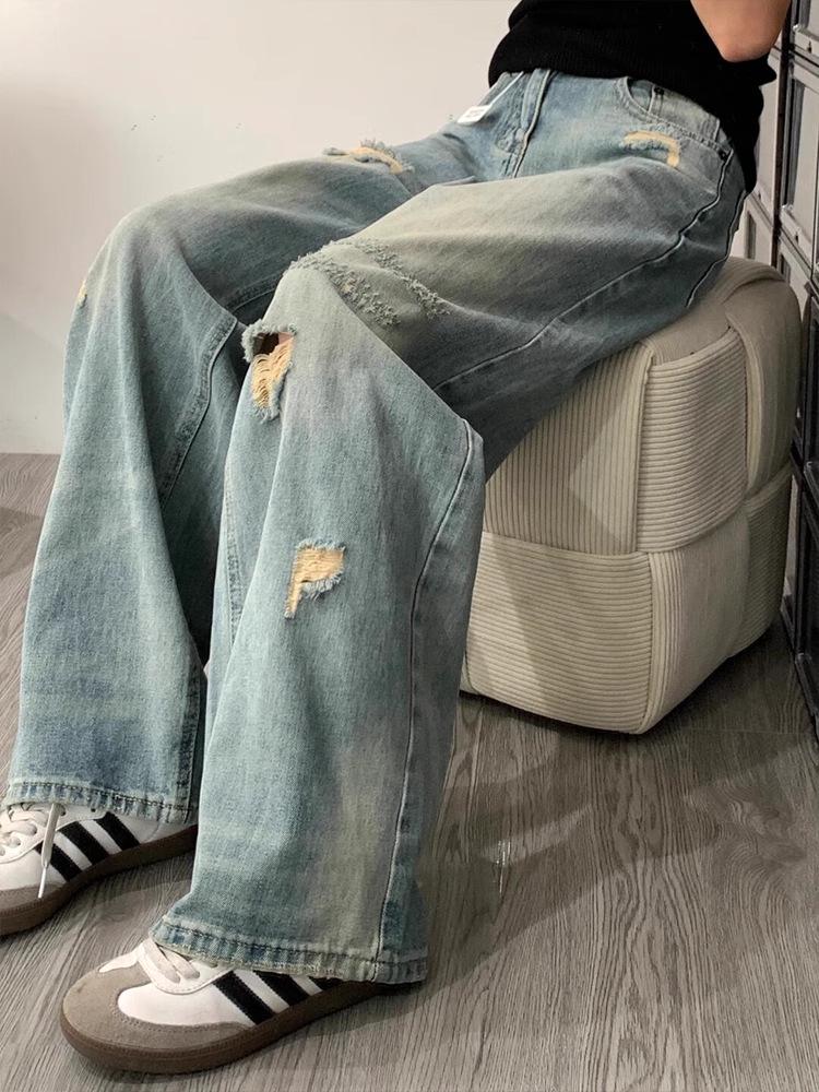 Women's American Retro High-Waist Ripped Wide-Leg Jeans – Summer Floor-Length Design
