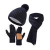 3Pcs/Set Winter Hat Scarf Gloves Set Solid Color Thickened Warm Plush Lining Elastic Brimless Hat Long Scarf Knitting Gloves Set
