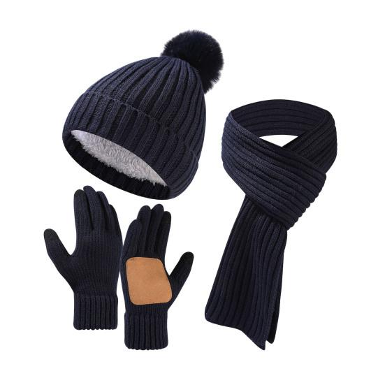 3Pcs/Set Winter Hat Scarf Gloves Set Solid Color Thickened Warm Plush Lining Elastic Brimless