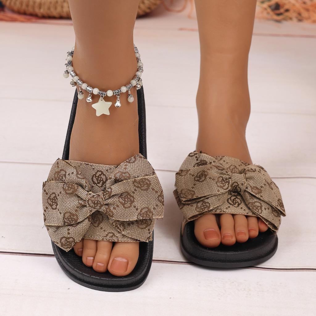Large Thick Bottom Bow One Word Slippers for Women, Embroidered Beach Sandals, Slippers