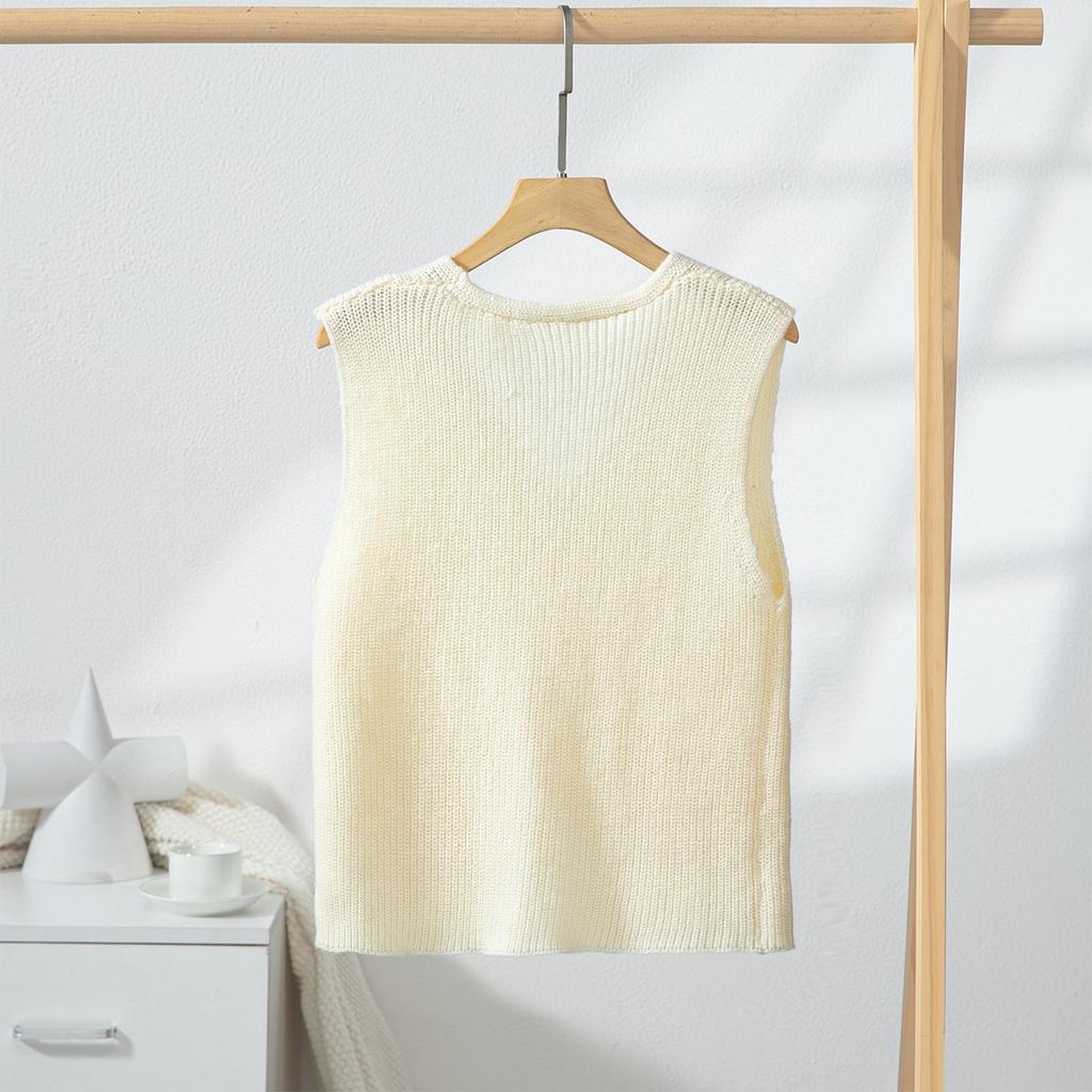 Summer Women's Knitted Vest V-neck Single-breasted Pocket Sleeveless Top Loose Women's Vest