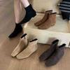 French Inner Heightening Khaki Suede and Ankle Boots 2025 New Autumn and Winter Side Zipper Square Head Small Short Boots Women