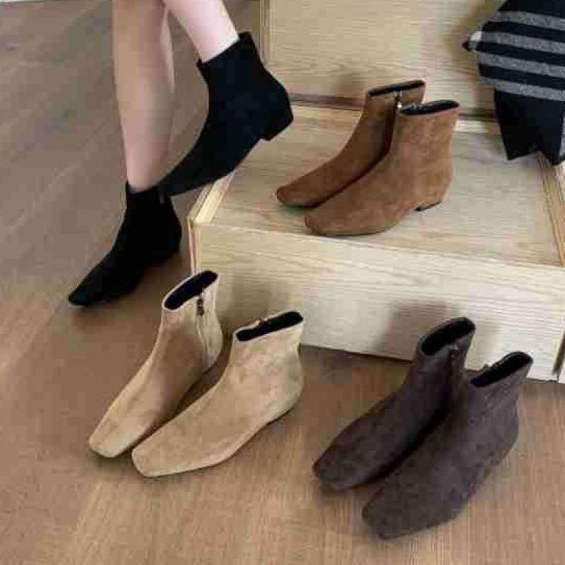 French inner heightening khaki suede and ankle boots 2025 new autumn and winter side zipper square head small short boots women