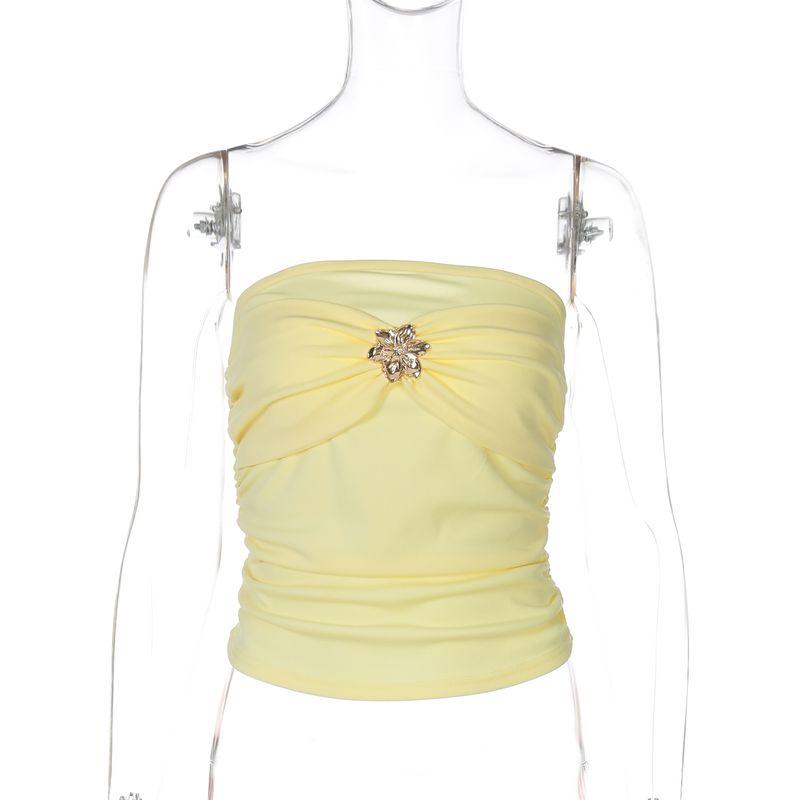 

Shemoda Summer All-Matching Sexy Sexy off-Neck Tube Top Tops Women s Metal Decorative Elastic Silm Chest Wrap Yellow S