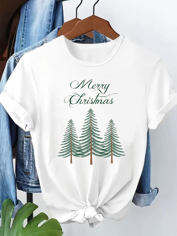 (Asian Size) lovely letter cute Short Sleeve T-shirts Merry Christmas Fashion Women's Top O-neck T Shirt Print Casual New Year Clothing Graphic Tee