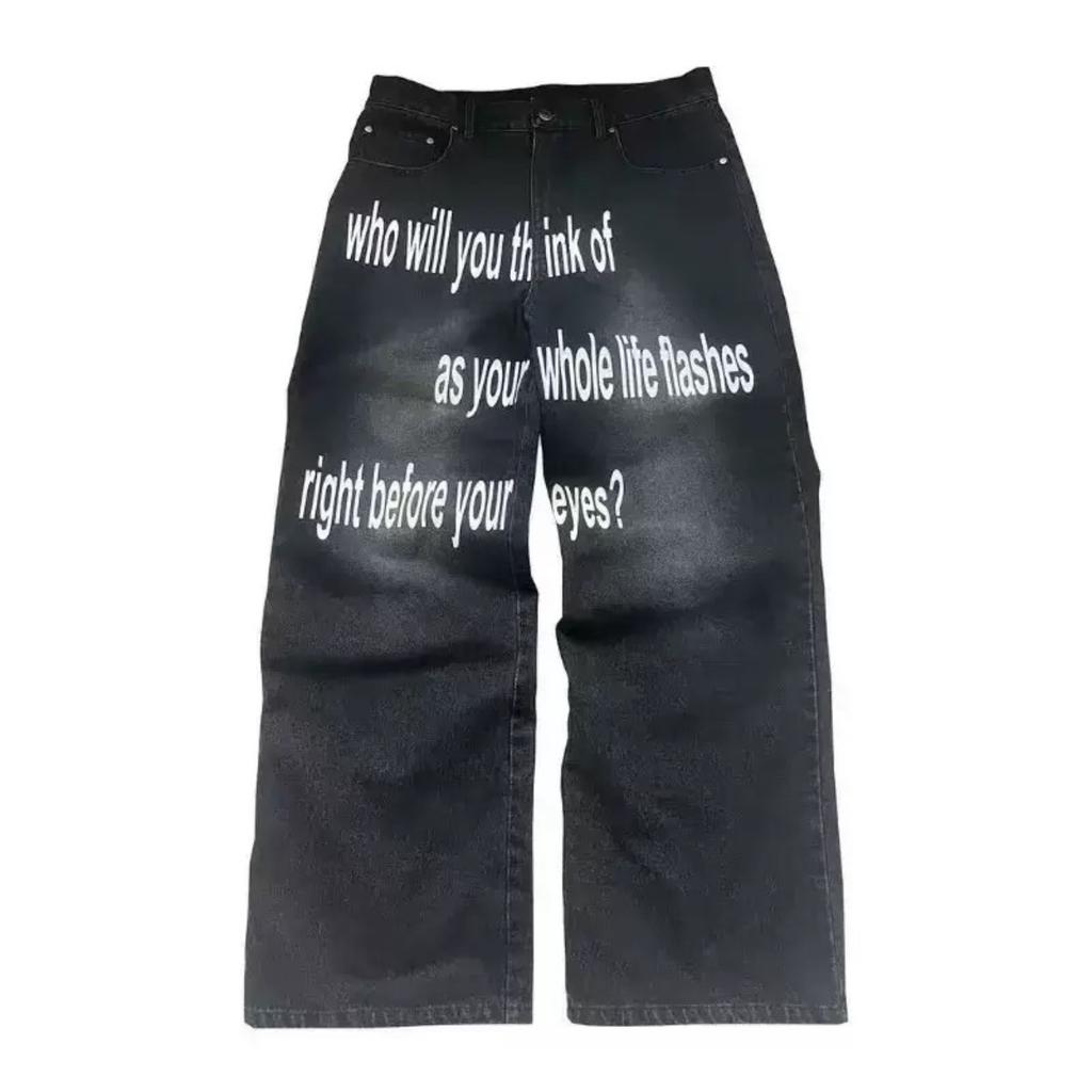 ZYLLO Vintage Letter Print Women Man Jeans Y2k Harajuku Washed Wide Leg American Style Denim Pants Baggy Hip Hop Streetwear