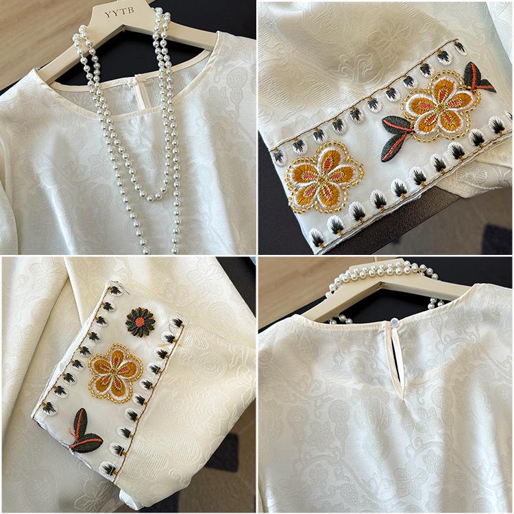 Women's Chinese Style Acetate Satin Shirt with Embroidered Jacquard, Spring Round Neck, Loose Fit