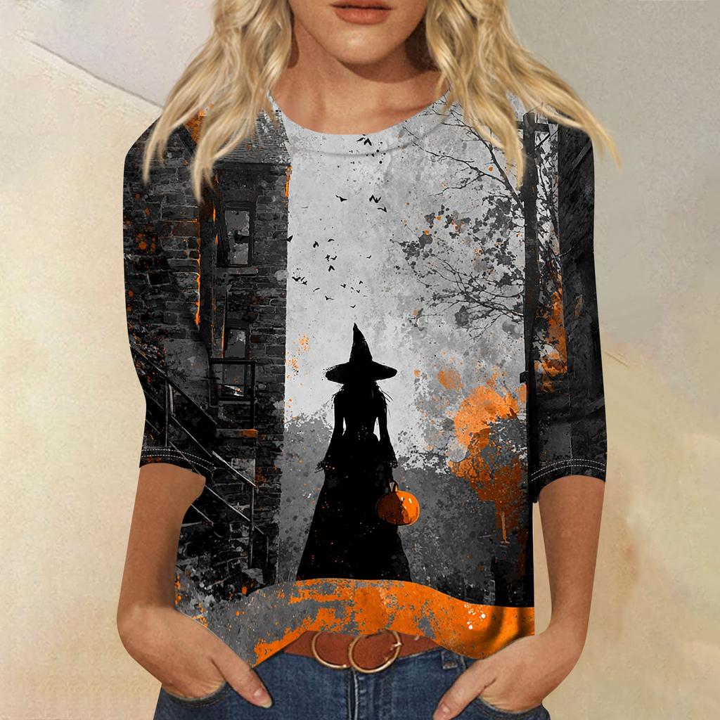 Women's Casual Crew Neck Three Quarter Sleeve Halloween Print T Shirt Top Lightweight Comfortable Fit for Everyday Wear