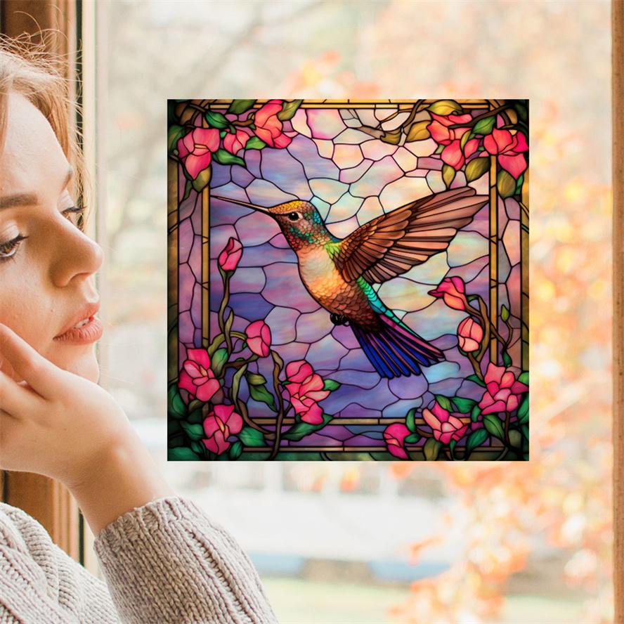 New Antique Color Dyed Hummingbird Iris Japonica Window Glass Electrostatic Sticker Detachable Decorative Film Home Decorations
