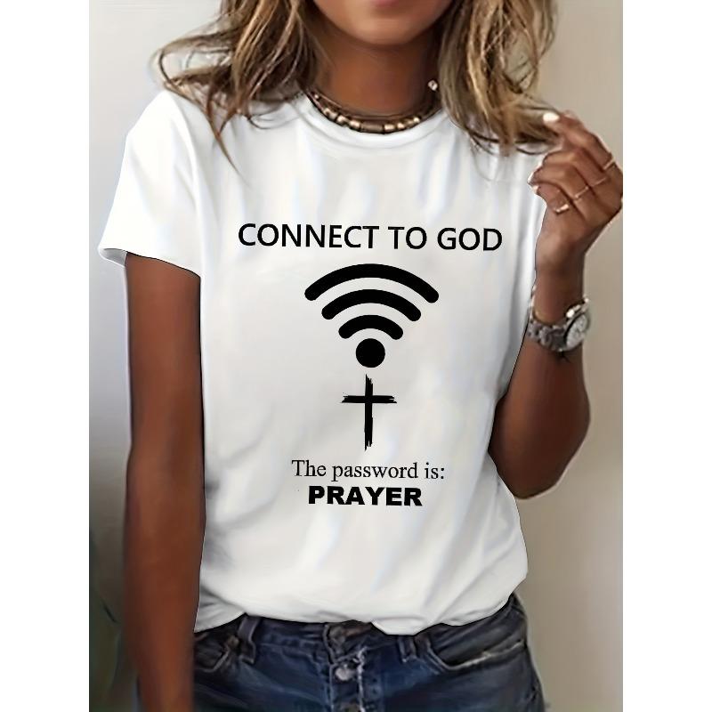 

Women Prayer Jesus God Letter Print T-Shirt Crew Neck Short Sleeve Religious Spiritual Church Casual Top 4XL білий