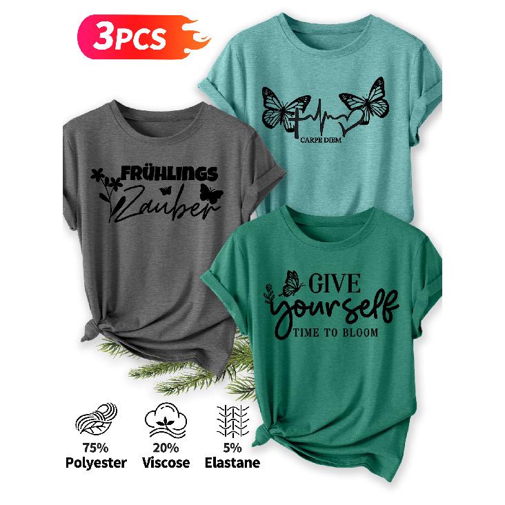 Three-piece Set Elegant Short-sleeved Shirt for Women Butterfly Spring Inspirational Slogan Print Pattern Round Neck Short Sleeve Casual Style