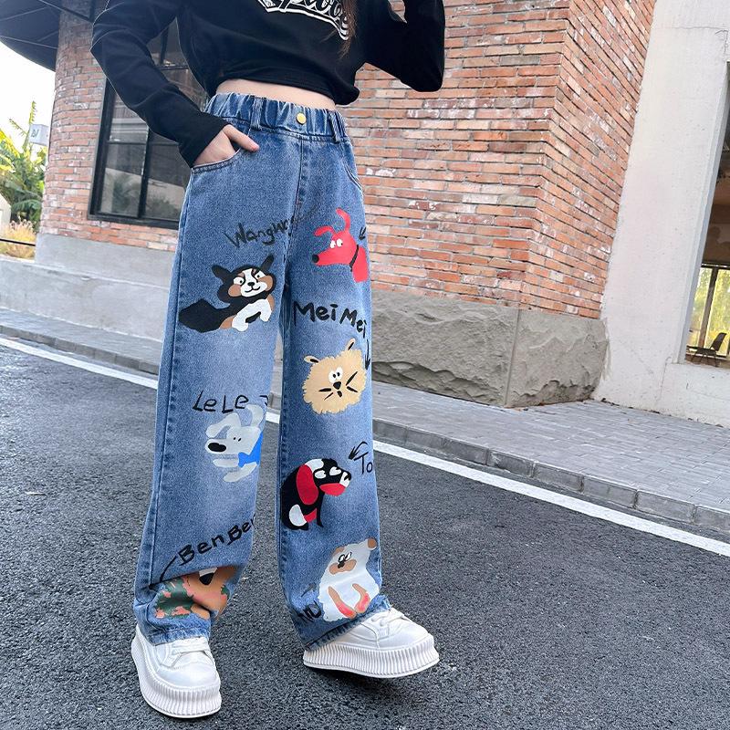 Teenage Girls Blue Street Cartoon Print Elastic Mid Waist Loose Denim Jeans Spring Fashion Children Cute Wide Leg Trousers