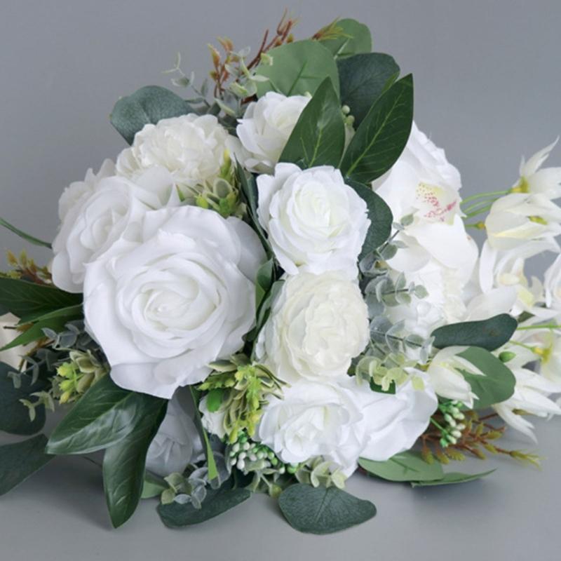 12“ Bouquet a Cascata Bouquet da Sposa per Sposa Rosa Bianca Orchidea Fiori Artificiali Bouquet da Sposa per Inverno Estate
