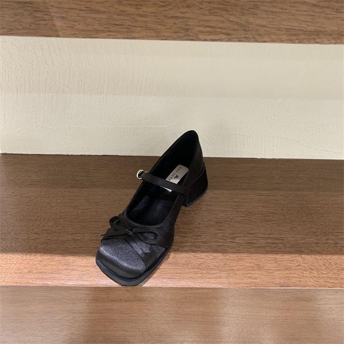 Wow~ Beautiful! 2025 Spring and Autumn Sweet Bow Square Head Thick Heel Mary Jane Shoes Gentle Style Satin Single Shoes