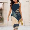 Women Plus Size Round Neck Sleeveless Printed Bodycon Midi Dress