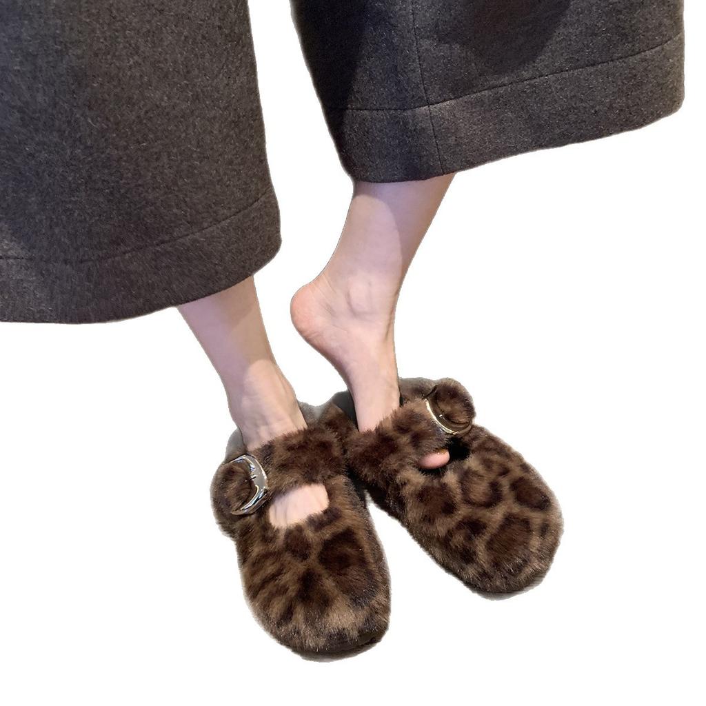 2025 New Leopard Print Buckle Fluffy Shoes for Outer Wear In Winter, One-pedal Thick-soled Velvet Warm Beanie Shoes, Cotton Shoes for Women
