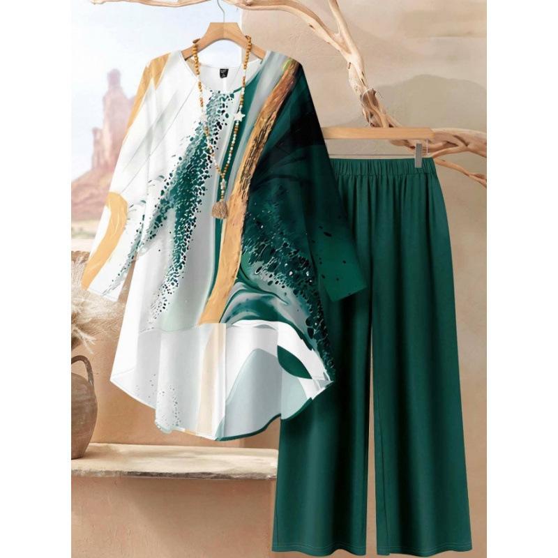 1116 Floral Print Suit Women's Long Sleeve Irregular Hoop Wide Leg Pants Casual Summer Large Size