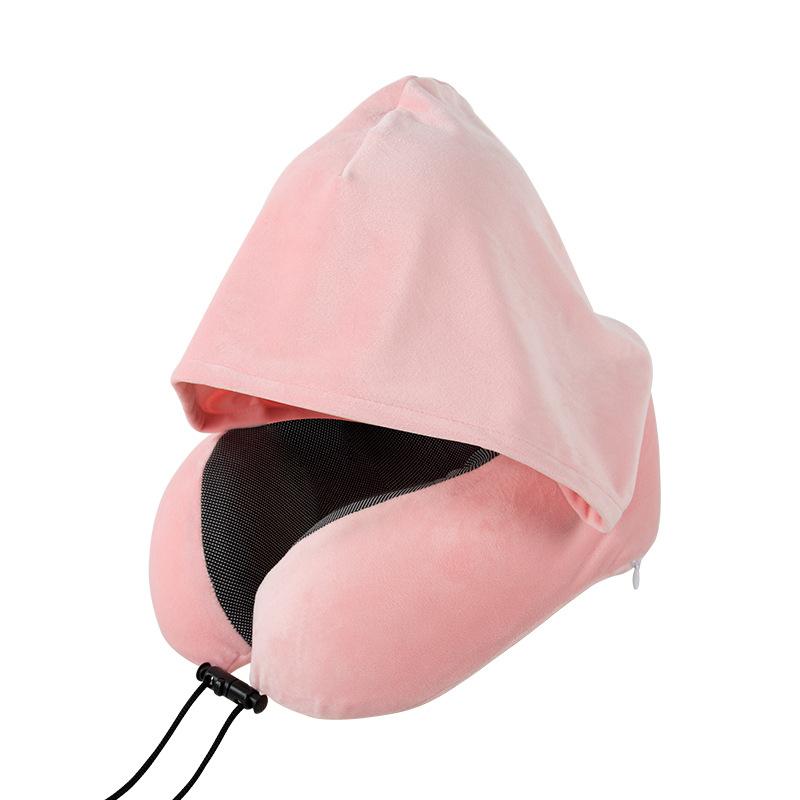 

1 Piece Memory Foam Grey Travel Neck Pillow with U-Shaped Support, Thickened Blackout Shield, Washable Skin-Friendly Viscose Cover, Hood, Portable рожевий