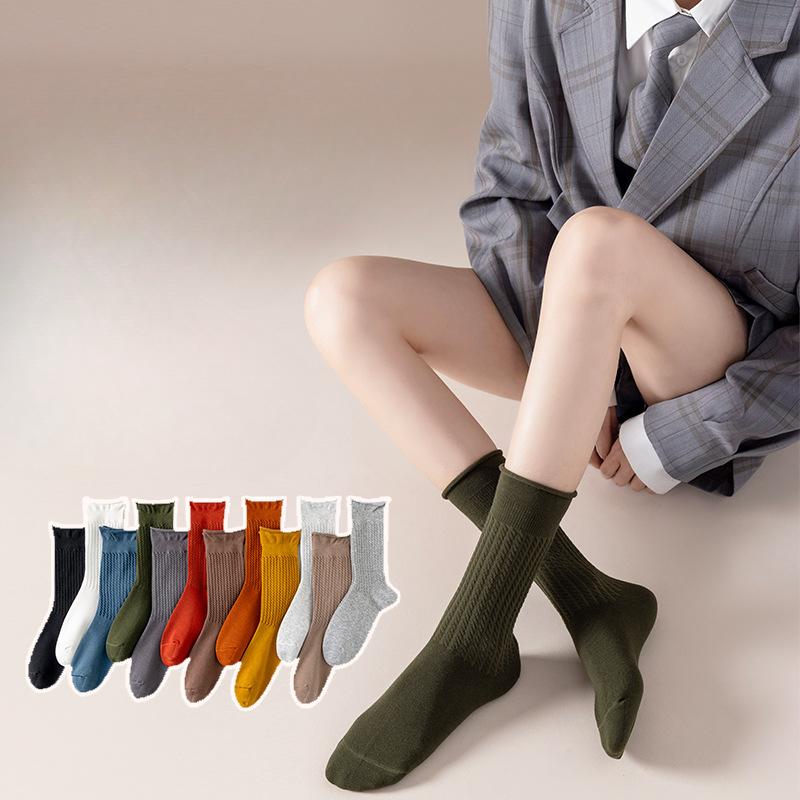Women's Fall Striped Roll Edge Deodorizing Antibacterial Long Tube Stack Socks