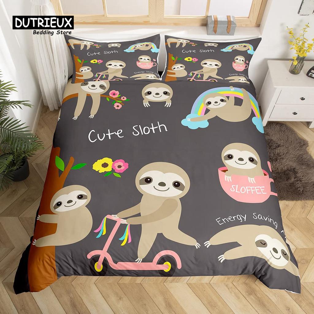 Kawaii Bear Duvet Cover Set Twin King Size Cartoon Animals Bedding Set Polyester Parachute Blue Sky White Cloud Comforter Cover