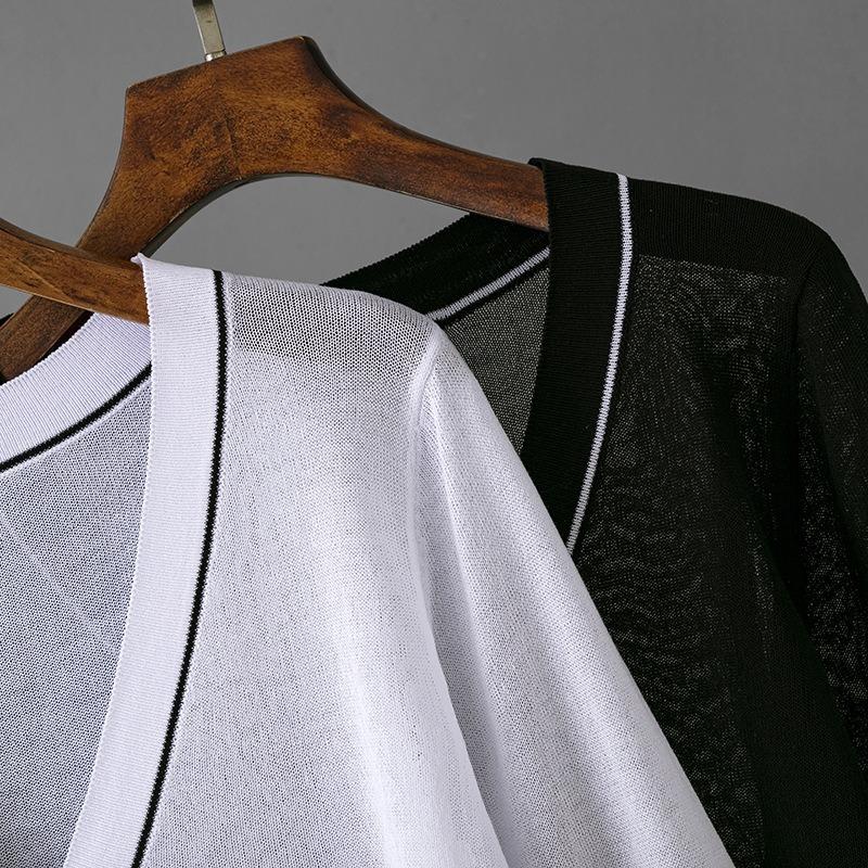 Cardigan de viscose com decote em V de manga comprida e botão pulôver para mulheres casual preto e branco gelo proteção UV seda chiffon blusas camisas com bolsos