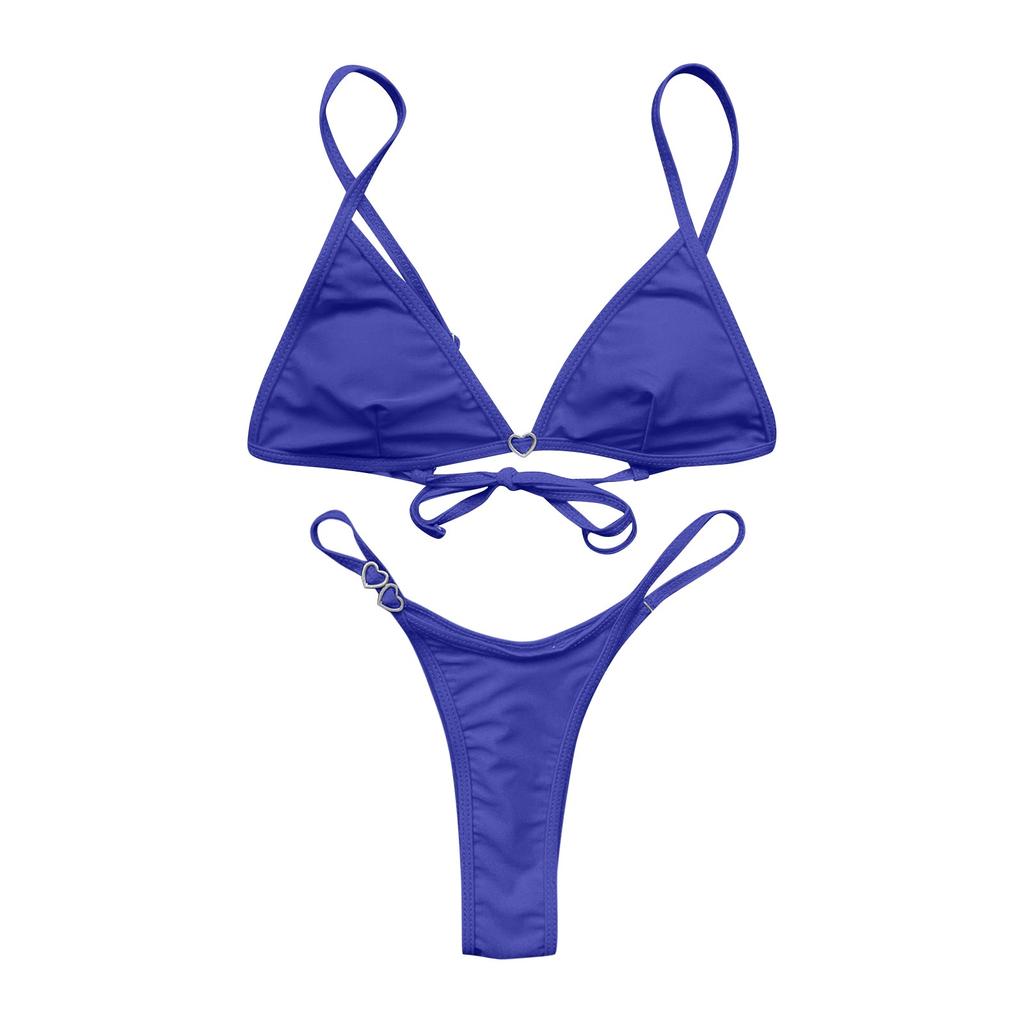 Women's Solid Color Heart Detail Triangle Bikini Set Two Piece Swimsuit Adjustable Straps Low Waist Bottoms Beachwear Swimwear