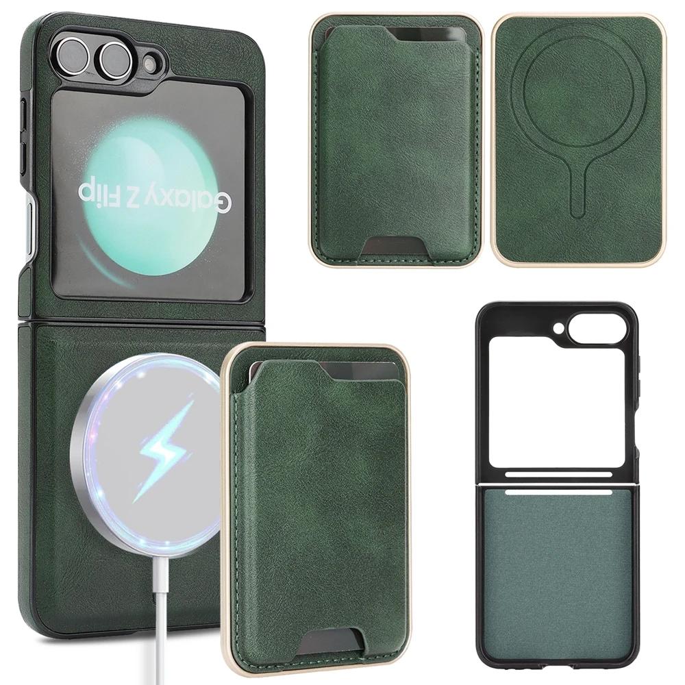 

Premium Leather Wallet Phone Case For Samsung Galaxy Z Flip 7 6 5 4 3 Card Slots Magnetic Charging Compatible Shockproof Cover Galaxy Z Flip5 зелений