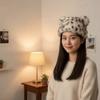 Soft Plush Bear Hat Imitation Mink Fur Brimless Pullover Cap Fashion Leopard Print Beanie  Girls