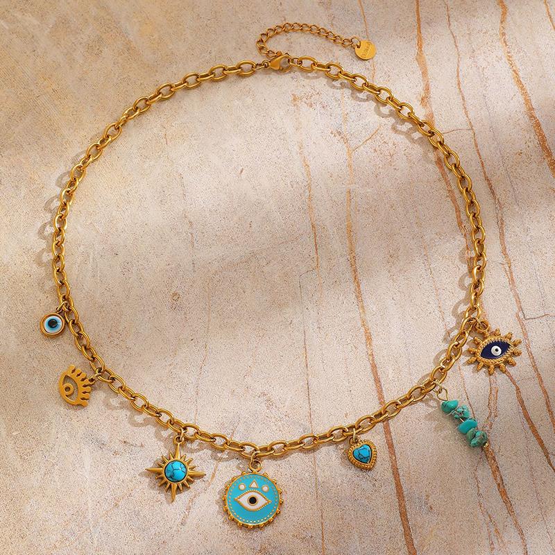Vintage Stainless Steel Sunflower Multi Charm Necklace for Women Luxury High-End Collarbone Chain Beach Vacation Accessory Gift