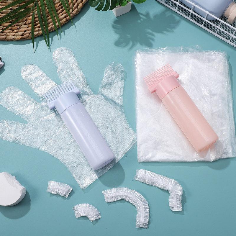 2Pcs Root Comb Applicator Bottle Hair Comb Bottle Dyeing Tool with Gloves Ear Covers Hair Oiling Applicator for Home Salon Use