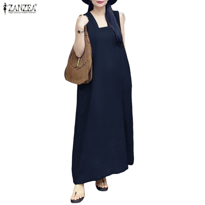 ZANZEA Women Summer Square Collar Casual Sleeveless Dress