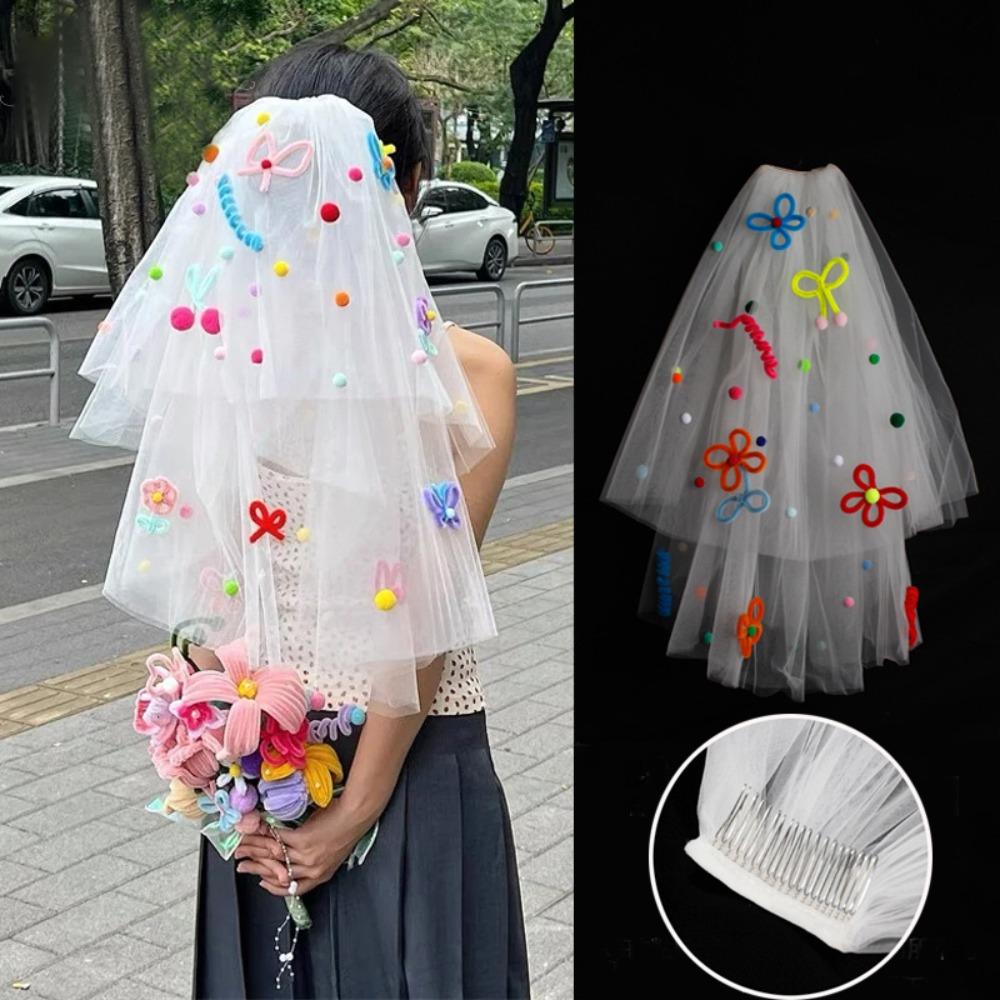 Photo Props Pompom Mesh Tulle Colorful White Veil Wedding Veils Bridal Veils Headdress Accessories