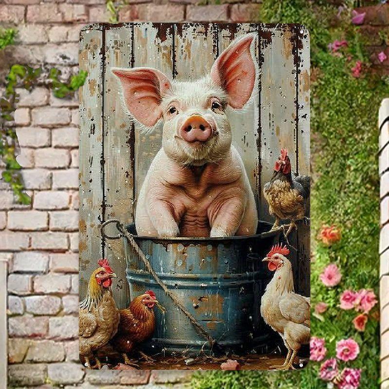 Vintage Fantasy Pig Chicken Metal Wall Sign Rustic Farmhouse Aluminum Art Durable D Decor for Halloween Kitchen Garage