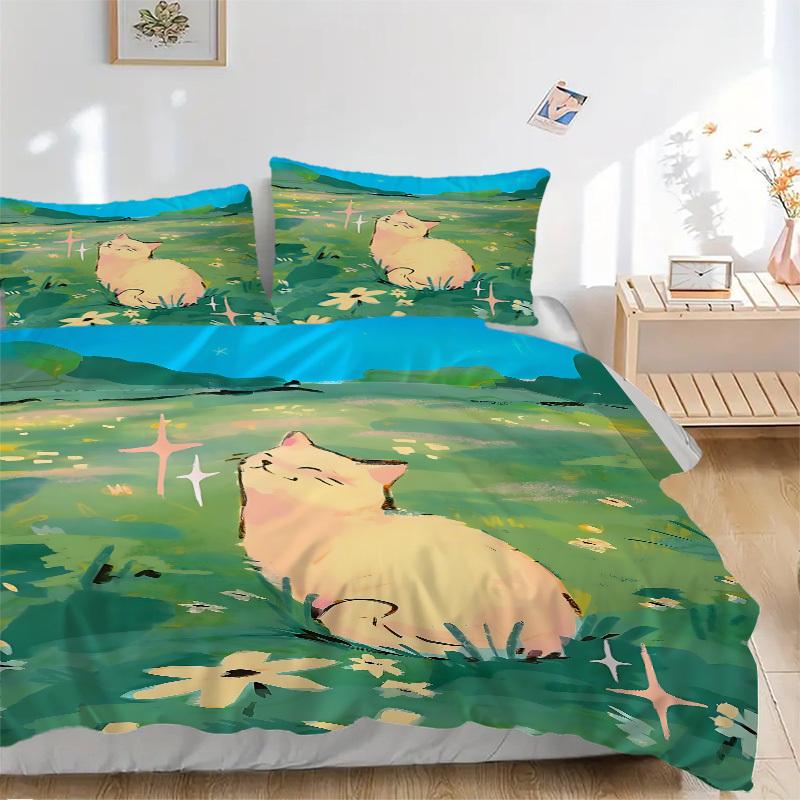 3pcs Cat Garden Print Bedding Quilt Cover, Soft and Comfortable Quilt Cover Suitable for Bedroom and Guest Room173