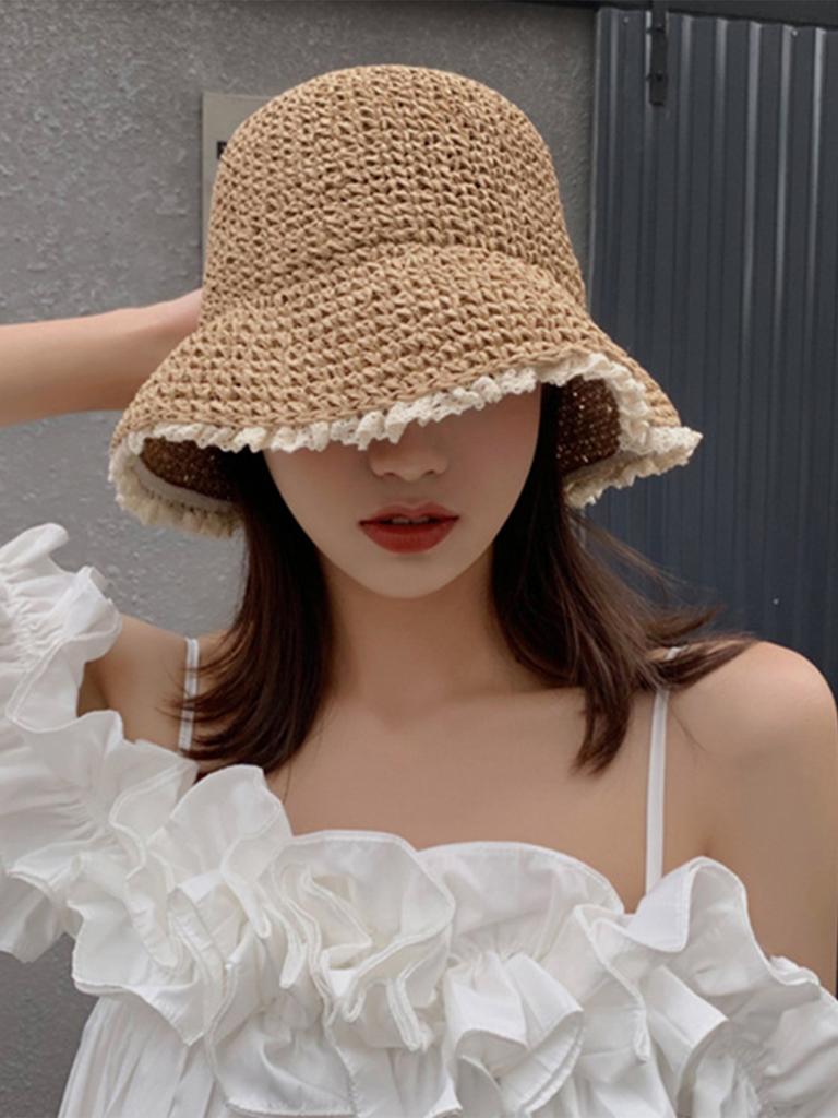 Summer Lace Brim Straw Hat Handmade Weave Hollow Foldable Sun Panama Casual UV Sunscreen Beach Cap Korea Fashion Foldable Bucket