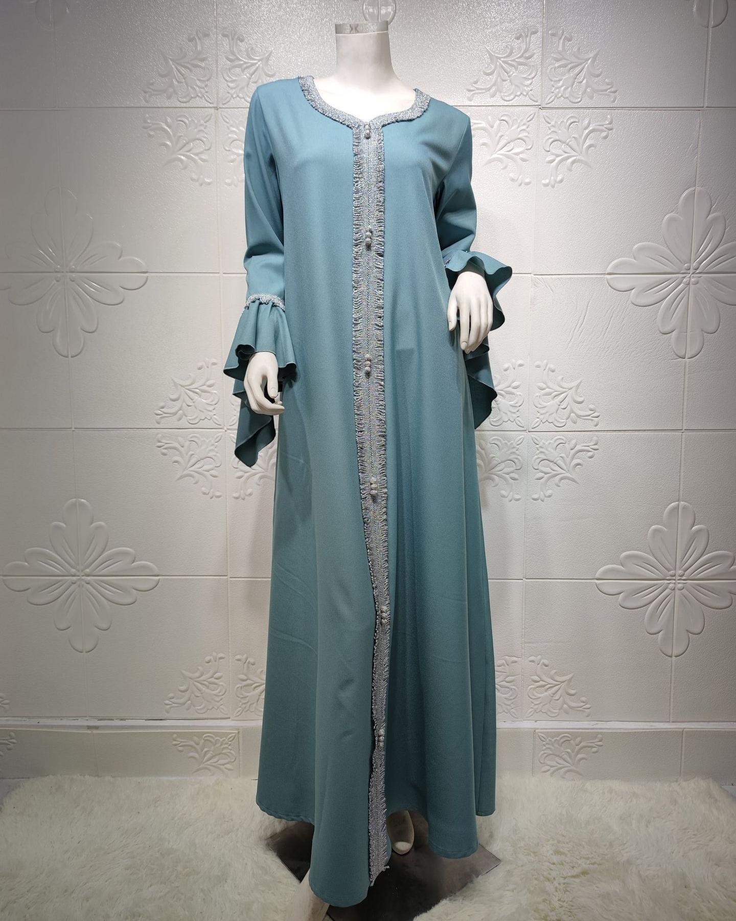 

Мусульманская одежда Ближнего Востока Малайский рукав с листьями лотоса вышитое золото кружевное платье мусульманские женщины 2XL светло-синий