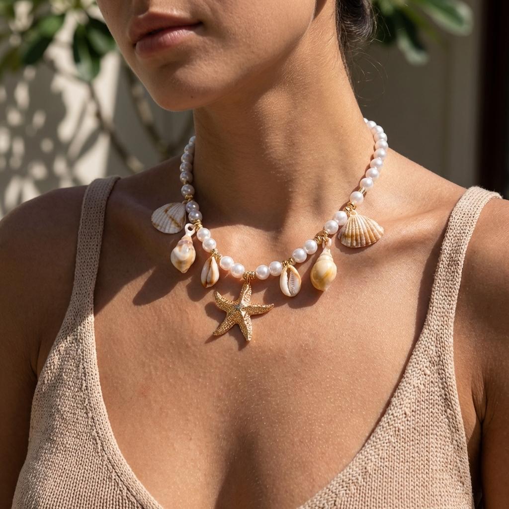 Boho Starfish Shell Conch Simulated Pearl Necklace Summer Beach Ocean Theme Choker For Women