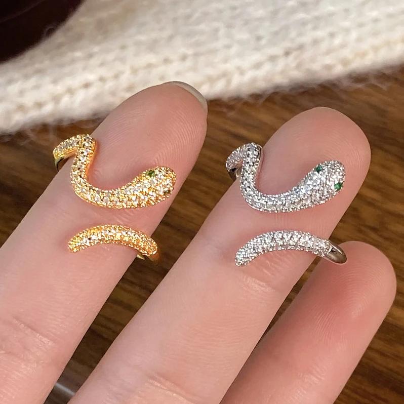 PONYKISS  Sterling Silver 18K Gold Zircon Twisted  Snake Rings for Women Cute Fine  Minimalist Opening Accessories